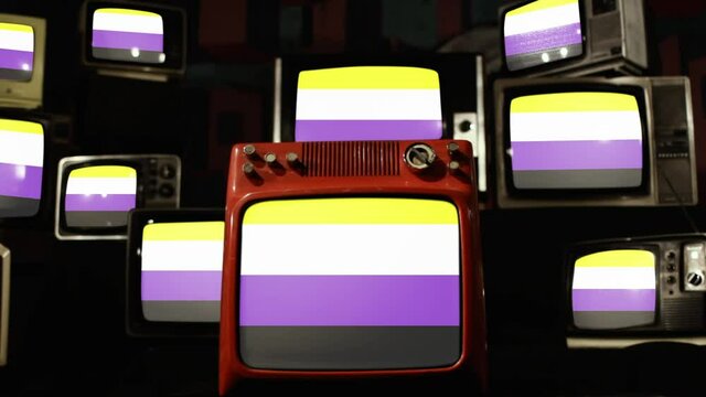 Non-binary Pride Flag on Vintage Televisions.