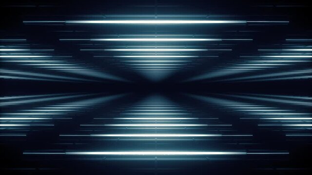 Abstract blue white futuristic background. Space from glowing neon light triangle tubes of astera on black background. Technology, VJ concept. Led lamp. Horizontal view. Seamless loop 3d animation 4K