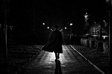 dark silhouette of a male detective in a coat and hat in the rain on a night street