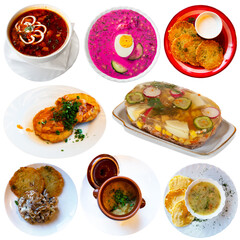 Collage of Belarusian dishes on white background. High quality photo