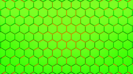 Abstract hexagonal background. A large number of green and orange hexagons. 3d wall texture, hexagonal blocks clusters. Cellular panel. 3d rendering geometric polygons