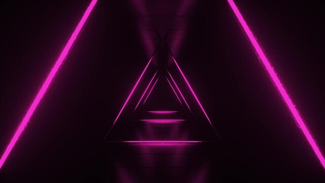 Abstract pink futuristic background. Space from glowing neon light tubes of astera on black background. Technology, VJ concept. Tunnel interior view from a triangle. Led lamp. 3d loop animation of 4K