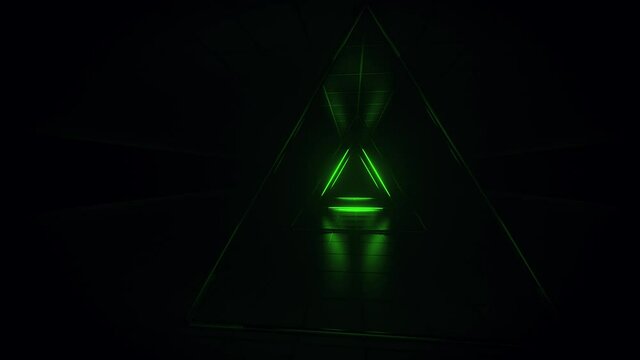 Abstract green futuristic background. Space from glowing neon light tubes of astera on black background. Technology, VJ concept. Tunnel interior view from a triangle. Led lamp. 3d loop animation