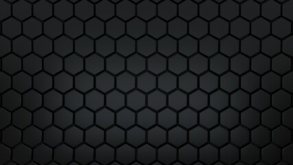Abstract hexagonal background. A large number of black hexagons. 3d wall texture, hexagonal blocks clusters. Cellular panel. 3d rendering geometric polygons