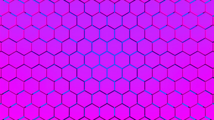 Abstract hexagonal background. A large number of purple and blue hexagons. 3d wall texture, hexagonal blocks clusters. Cellular panel. 3d rendering geometric polygons