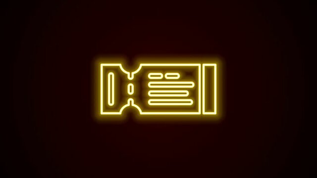Glowing neon line Airline ticket icon isolated on black background. Plane ticket. 4K Video motion graphic animation
