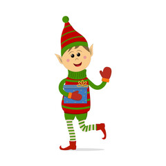 Merry Christmas Elf boy with a gift in a hat and a warm striped sweater, color vector illustration, isolated, on a white background. Clipart, design, decoration, holiday poster, sticker, print