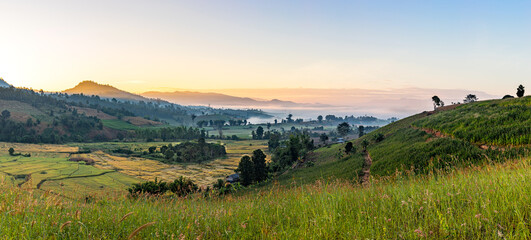 Spring rural landscape, Panoramic view of a picturesque valley in the morning light. Fog,