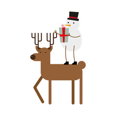 cute snowman with gift and reindeer