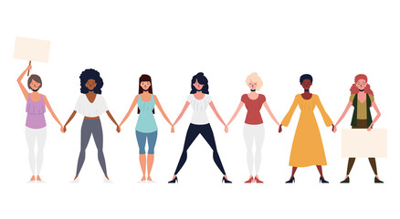 girl power, group women characters holding hands