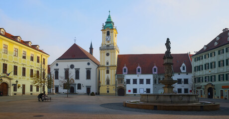 Fototapeta na wymiar Main Square is historical landmark in sunset of Bratislava outdoors.