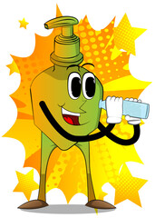 Cartoon bottle of hand sanitizer gel for hygiene  with face holding a glass of water.