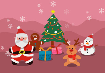 Christmas characters on pink background, Christmas Tree, Santa Claus Reindeer Snowman Cookie man, Vector design illustration.