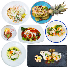 Seafood. Collage of different dishes of cuttlefish and squids on white background..