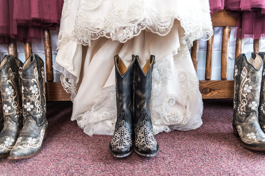country western cowboy boots with wedding dress and bouquet