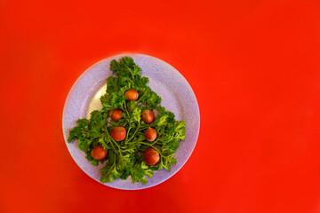 Christmas tree made of herbs and hazelnuts on a plate. New year decor from food. Isolated on a red background. Copy space