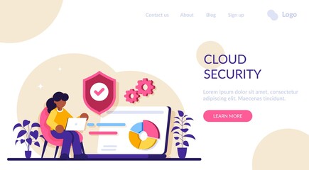 Cloud security concept. Personal digital security. Defence, protection from hackers, scammers. Data breaches, data leakage prevention. Modern flat illustration.