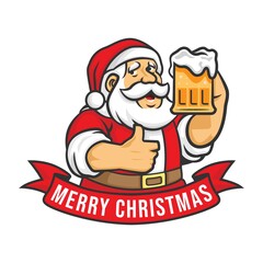 merry christmas and Happy new year greeting card with santa holding craft beer mug.
