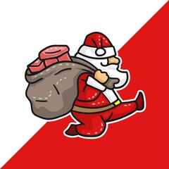 santa claus running with a sack of gift. vector illustration