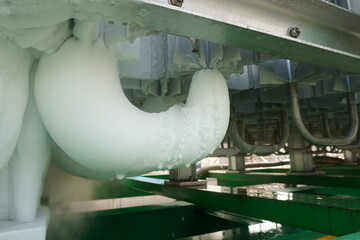 Liquid nitrogen pipe and leakage or blowing from nitrogen tank car at oil & gas plant.