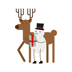 cute snowman with gift and reindeer