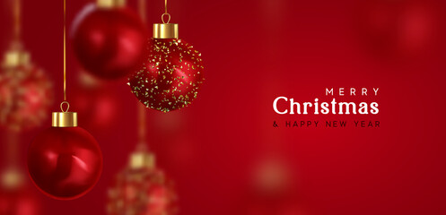 Christmas balls. Happy New Year and Merry Christmas. Background with realistic 3d red Xmas bauble balls hanging on ribbon. vector illustration