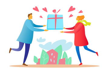 Man and woman meeting with a gift. Holiday surprise box. Vector illustration