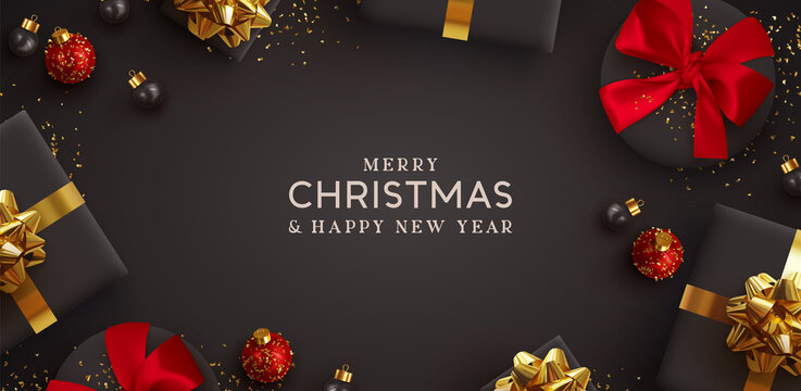 Merry Christmas and Happy New Year. Background Xmas design of realistic gifts box, 3d bauble balls, glitter gold confetti. Christmas poster, greeting cards. Flat lay, top view. Holiday composition