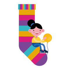 girl seated in sock with colors stripes down symbol