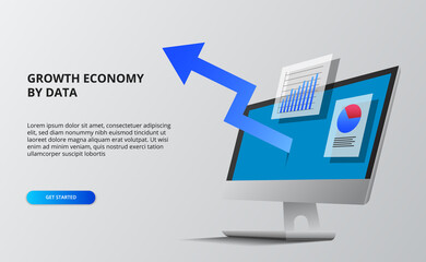 Blue arrow economy growth. Financial and infographic data. 3D computer screen with perspective.