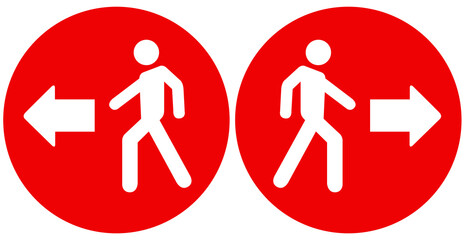 Social distancing concept for preventing coronavirus covid-19 with One way or work way sign, exit this way in white man icon and arrow on red circle black background 