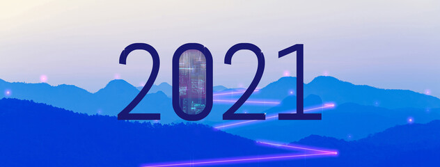 2021 new year concept landscape with digital line internet network connect together.