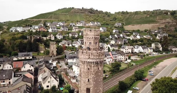 Tower of Oberwesel Germany in Summer, by drone.