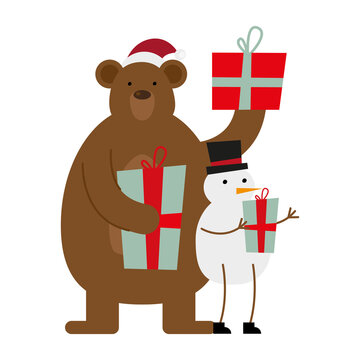 cute bear wearing santa hat and snowman christmas characters