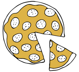 Vector isolated element. Illustration with takeaway food. Logo for the fast food menu. Hand drawn doodle. Pizza