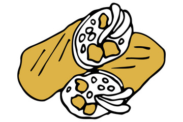 Vector isolated element. Illustration with takeaway food. Logo for the fast food menu. Hand drawn doodle. Vegetable roll