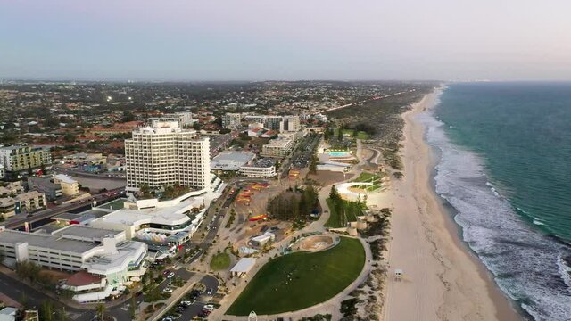 Scarborough Beach, Western Australia Coastline at Sunset - Aerial Drone Footage 4k