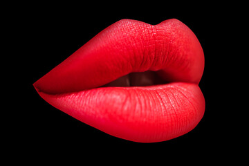 Sexy woman mouth, passion and sensual lips. Seduction temptation passion. Abstract art design, banner. Isolated on black background.