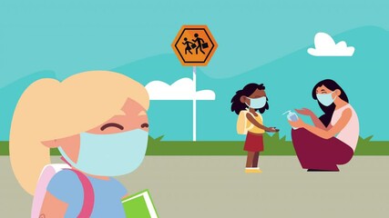 little students girls wearing medical masks with woman in the street - Powered by Adobe