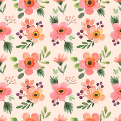 Seamless Watercolor Pattern with Peach Florals and Green Leaves