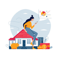 Property investment vector illustration. Woman sitting on the house, analyzes profit from real estate buying or rent. Property investment income, money, financial wealth concept for banner. Flat style