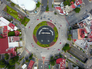 Zenith view with drone of the traffic on the Minerva traffic circle