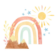 Watercolor hand drawn boho rainbow and mountain creative minimalis composition. Abstract kids collage modern print, logo, for wall decoration, baby shower card, brochure cover