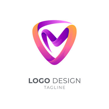 Shield letter VM/MV logo concept, 3d ribbon logo style, gradient glossy colors