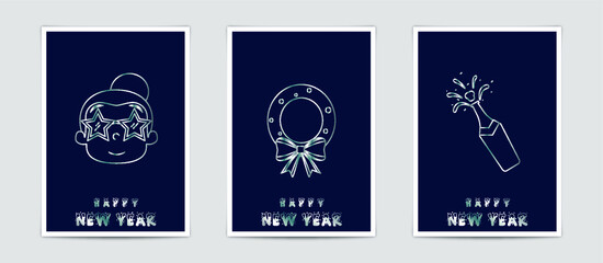 Naklejka premium Merry Christmas modern card set elements greeting text lettering blue background.