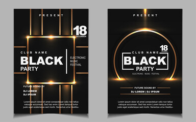 Luxury night dance party music layout cover design template background with elegant black and gold style. Light electro style vector for music event concert disco, club invitation, festival poster - obrazy, fototapety, plakaty