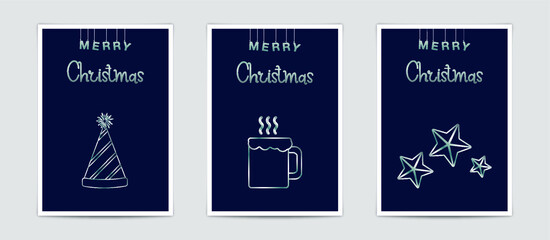 Merry Christmas modern card set elements greeting text lettering blue background.