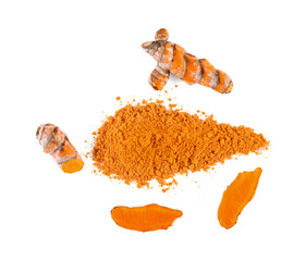 Fototapeta premium Turmeric roots with turmeric powder on white background