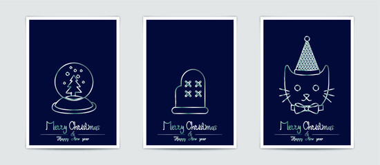 Merry Christmas modern card set elements greeting text lettering blue background.