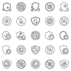 Virus and Antibacterial Protection outline icons set. Bacteria and Shield line concept vector symbols or design elements